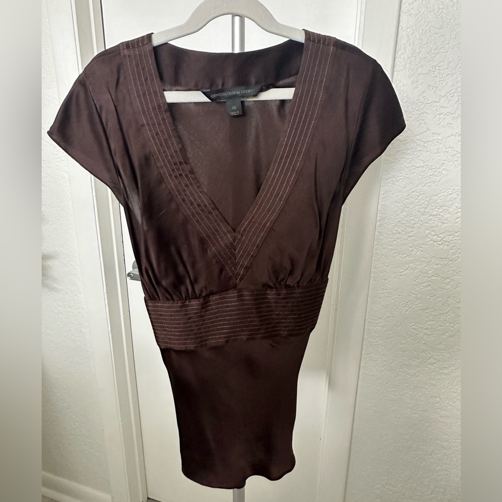 Express Brown V Neck Tie Back Silk Top XS